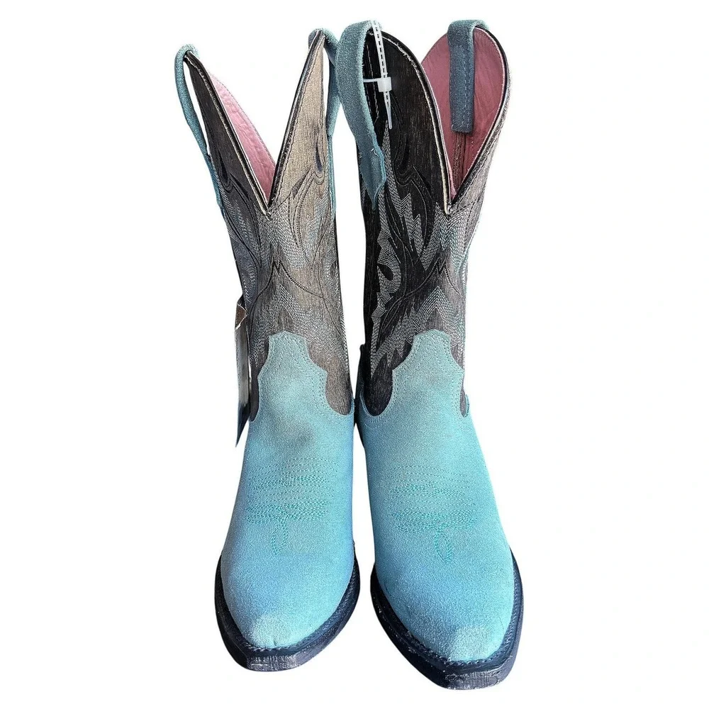 NEW Ferrini Holly Dusty Blue Suede Snip Toe Leather Cowboy Boots Women Size 7.5 - Picture 2 of 14